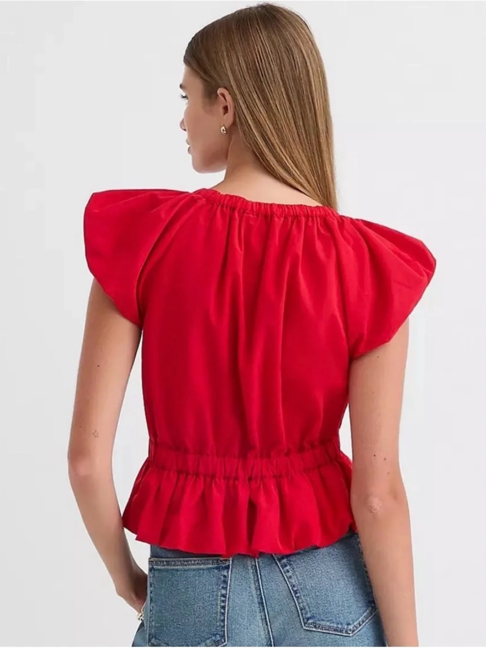LOFT NWT Red Ruffle Puff Sleeve V-Neck Top with Black Velvet Bow Size L
